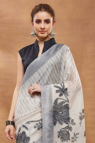 Off White Floral Printed Silk Ready to Wear Saree