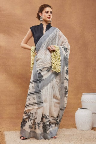Off White Floral Printed Silk Blend Party Wear Designer Saree