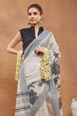 Off White Floral Printed Silk Ready to Wear Saree