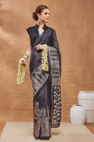 Black Ethnic Motifs Printed Silk Blend Ready to Wear Saree