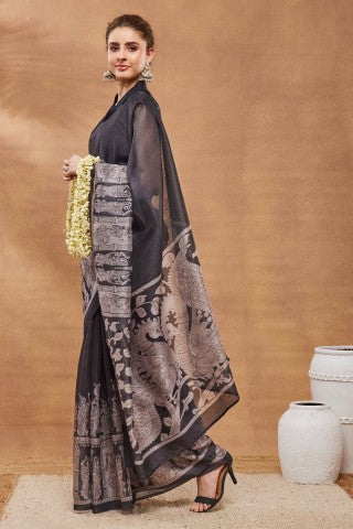 Black Ethnic Motifs Printed Silk Blend Ready to Wear Saree