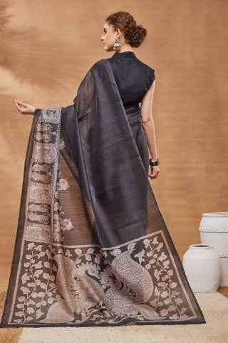 Black Ethnic Motifs Printed Silk Blend Ready to Wear Saree