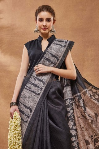 Black Ethnic Motifs Printed Silk Blend Ready to Wear Saree