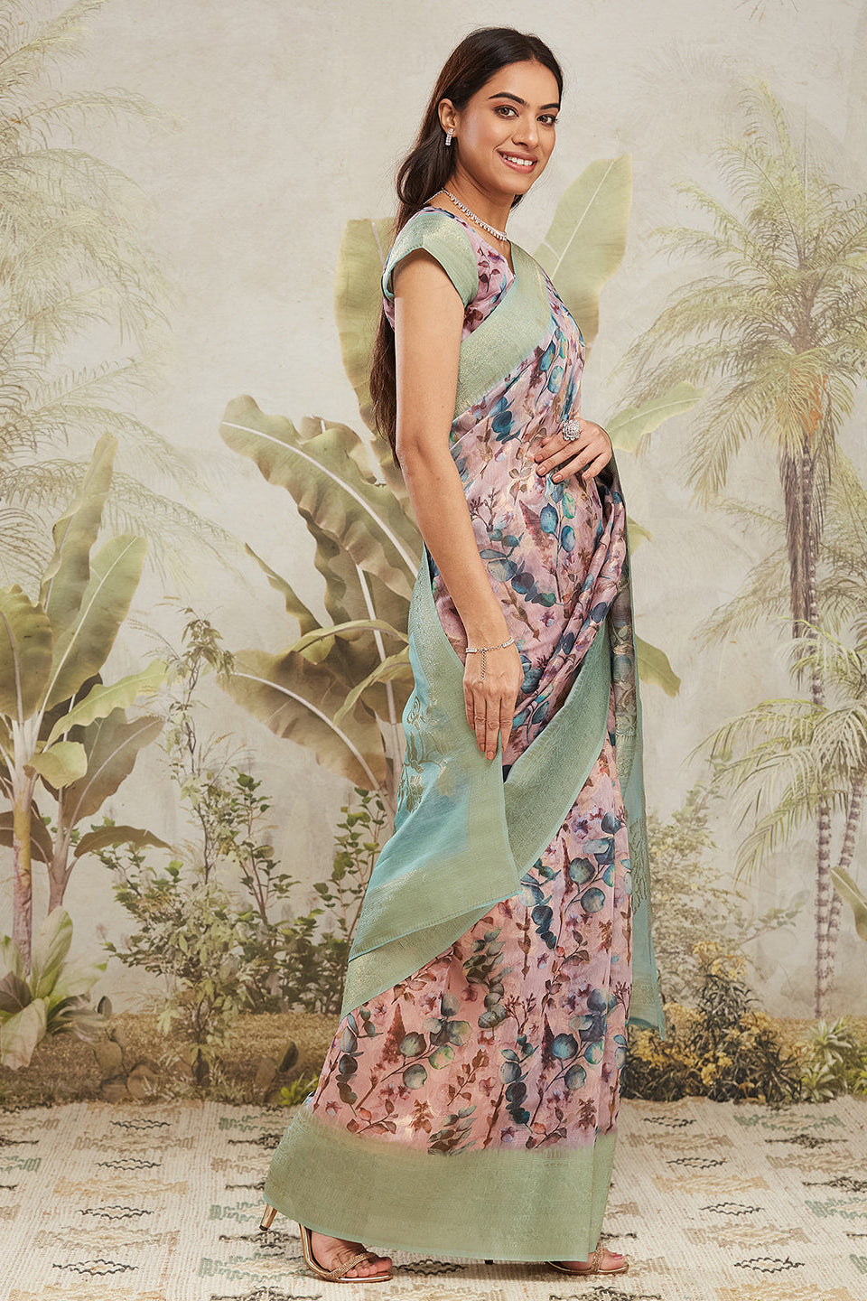 Digital Printed Woven Design Peach Banarasi Silk Ready to Wear Saree with Zari Border
