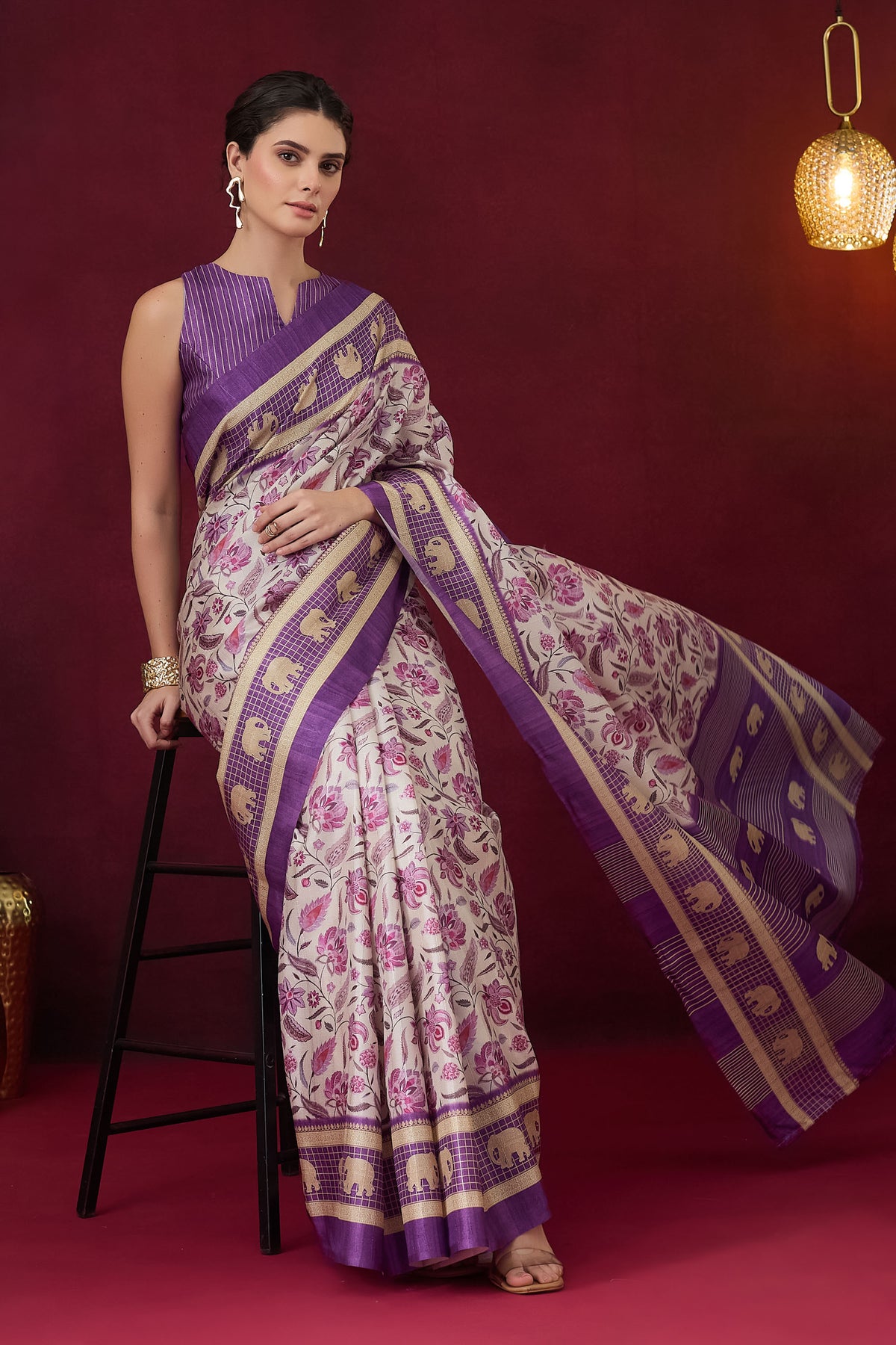 Violet Floral Printed Art Silk Designer Saree