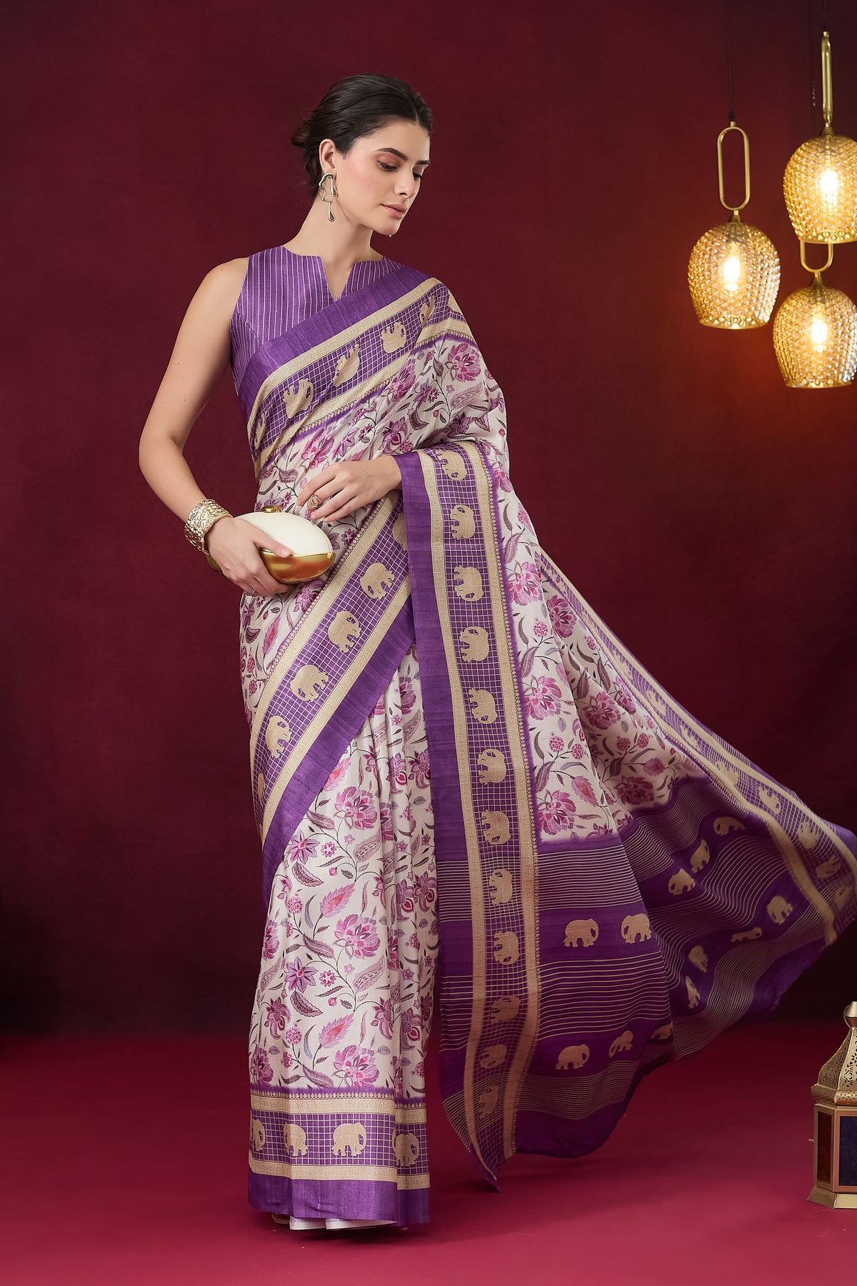Violet Floral Printed Art Silk Designer Saree