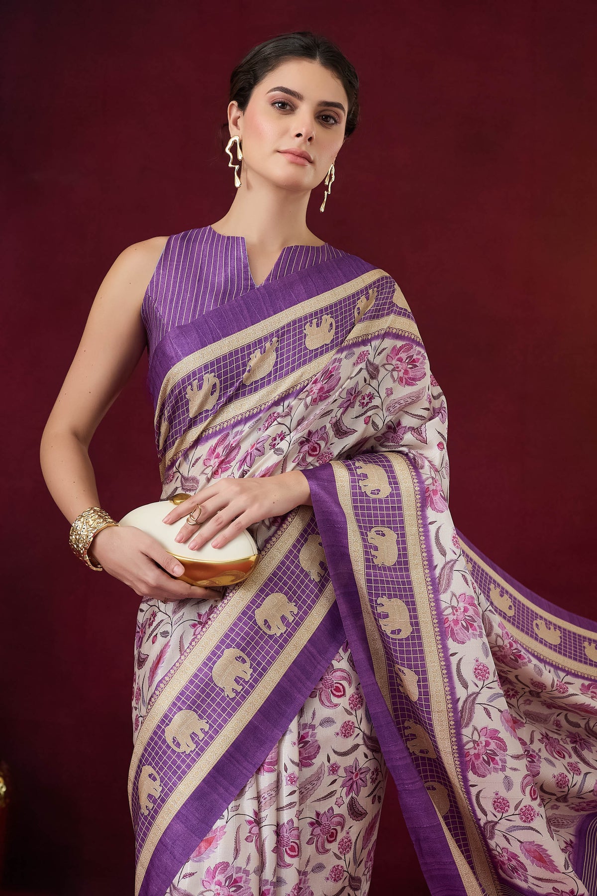 Violet Floral Printed Art Silk Designer Saree