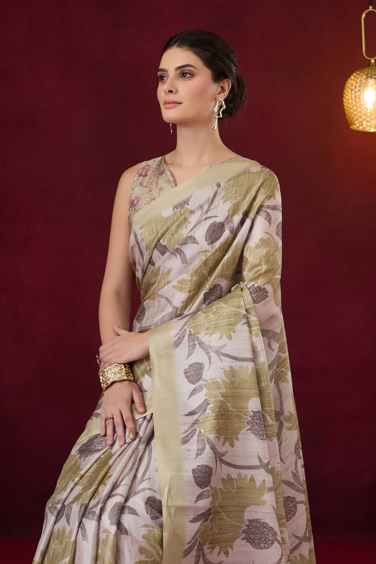 Green Color Floral Printed Art Silk Designer Saree