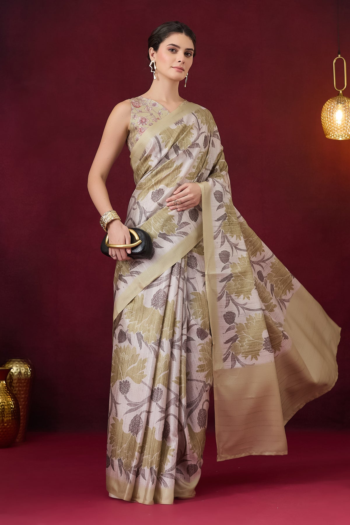 Green Color Floral Printed Art Silk Designer Saree