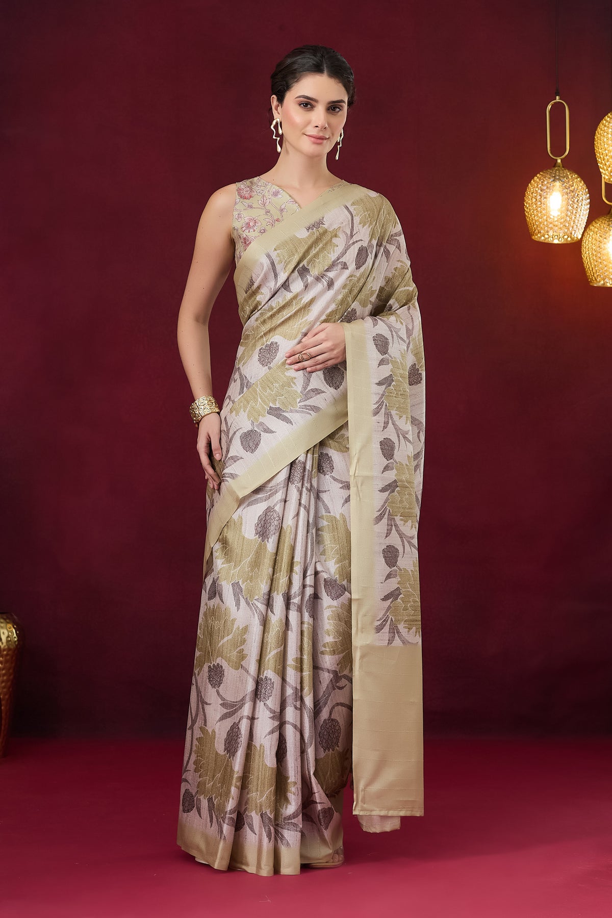 Green Color Floral Printed Art Silk Designer Saree