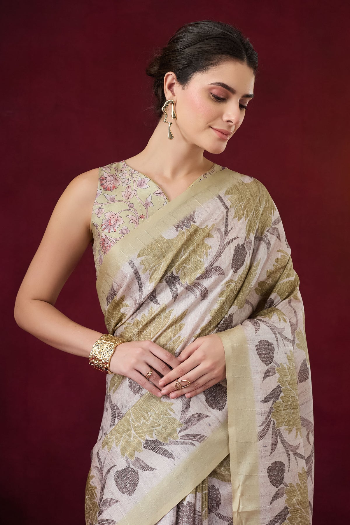 Green Color Floral Printed Art Silk Designer Saree