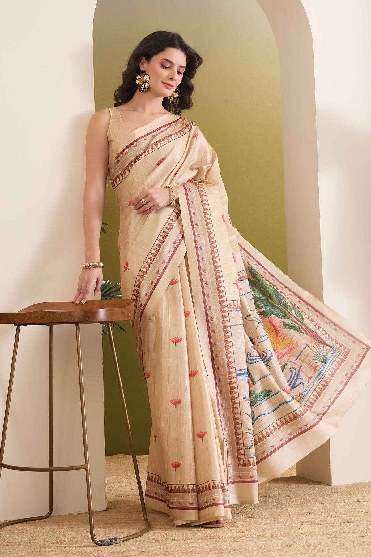 Cream Color Floral Printed Silk Blend Designer Saree