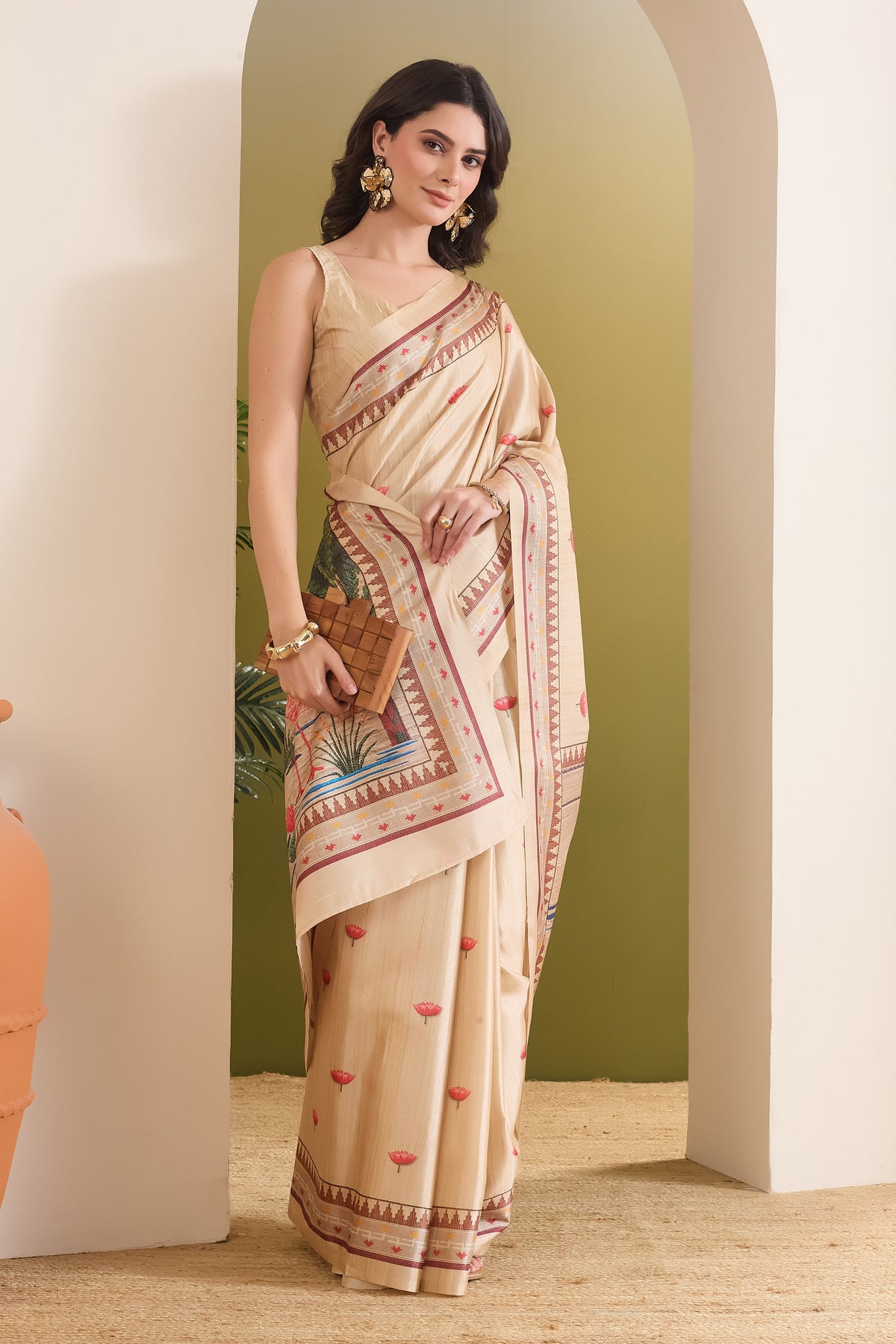 Cream Color Floral Printed Silk Blend Designer Saree