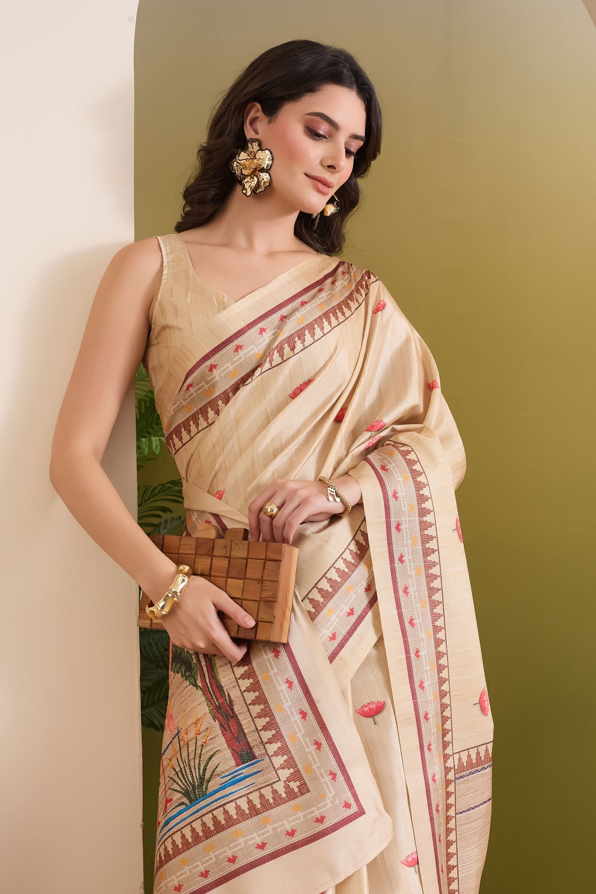 Cream Color Floral Printed Silk Blend Designer Saree