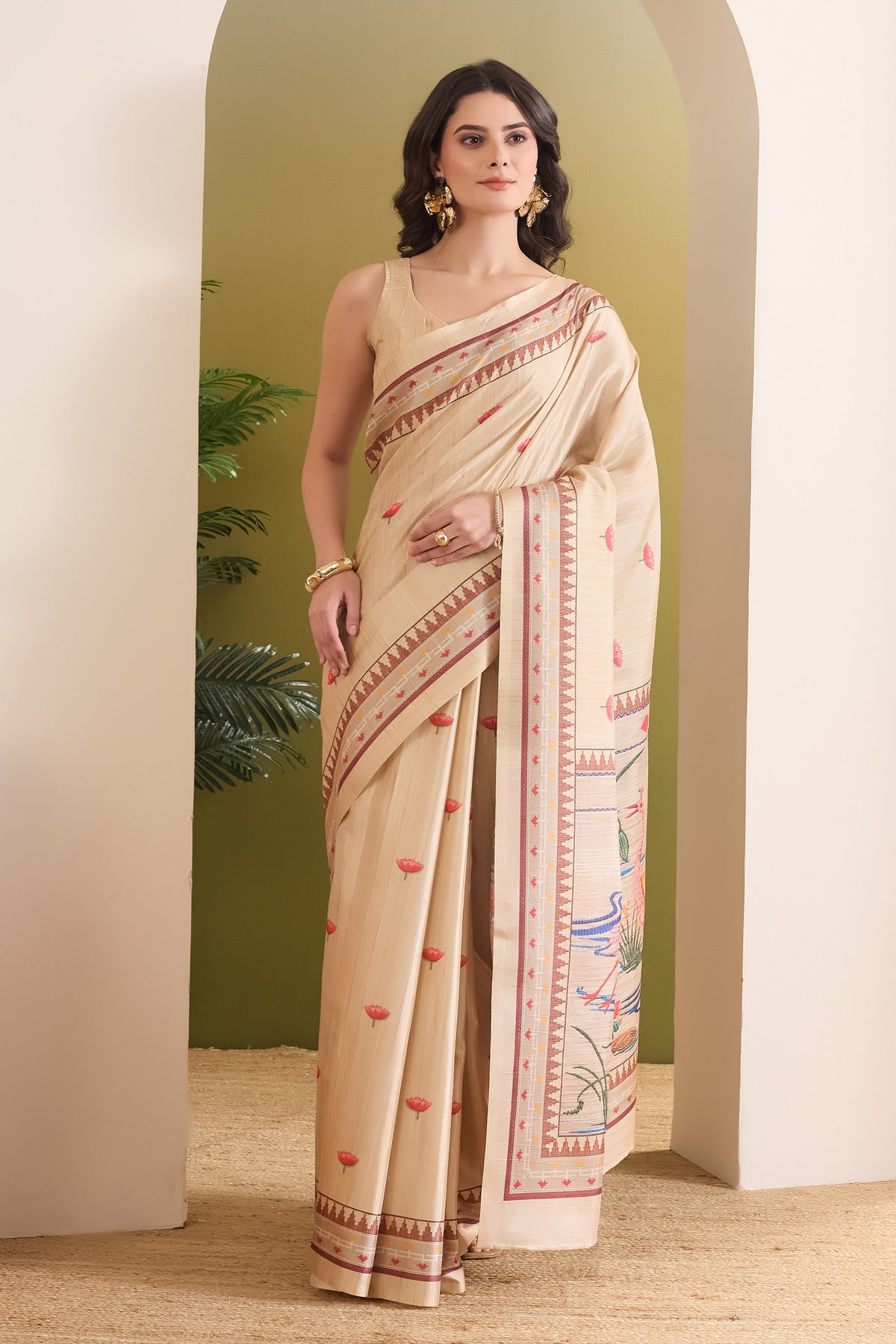 Cream Color Floral Printed Silk Blend Designer Saree