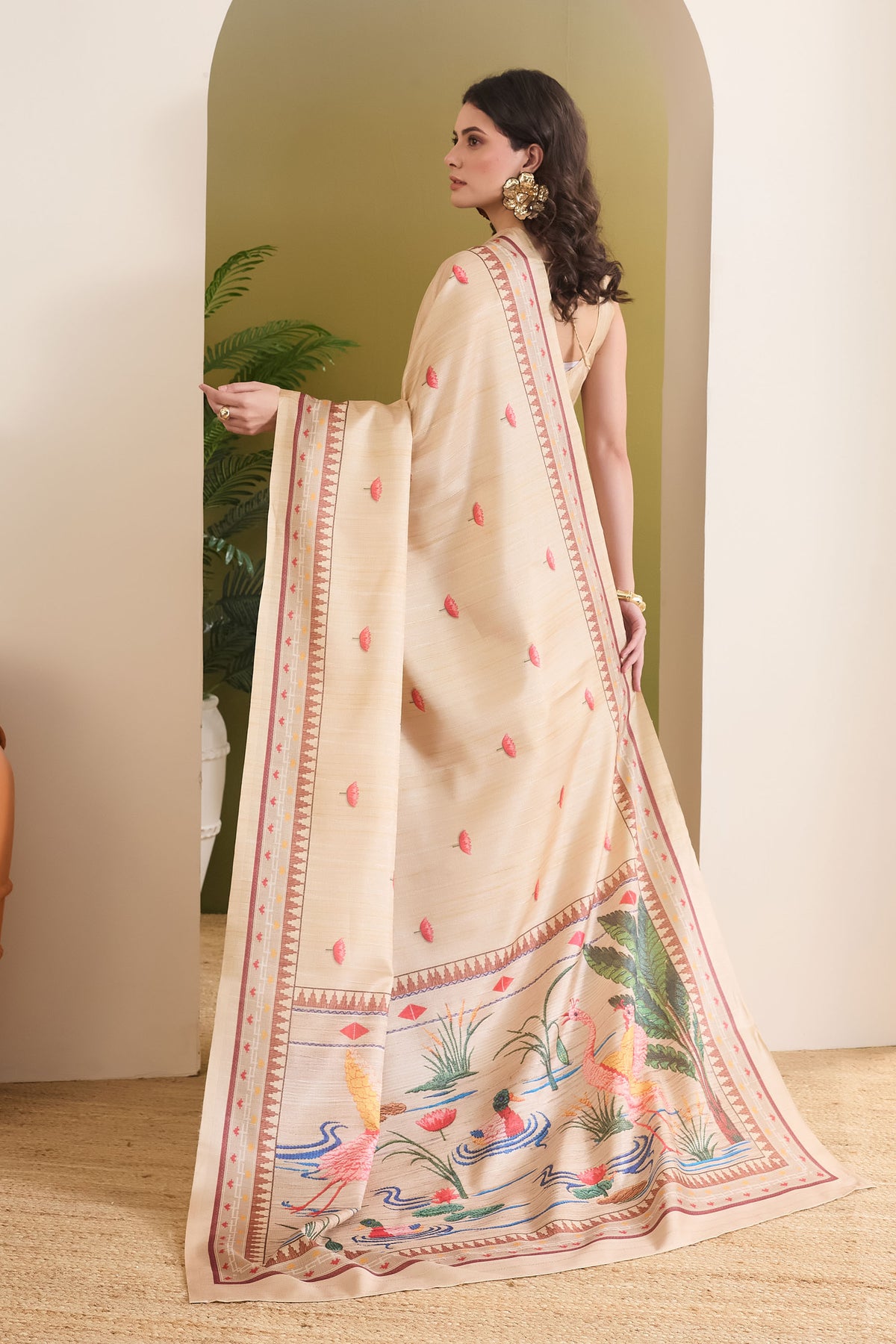 Cream Color Floral Printed Silk Blend Designer Saree