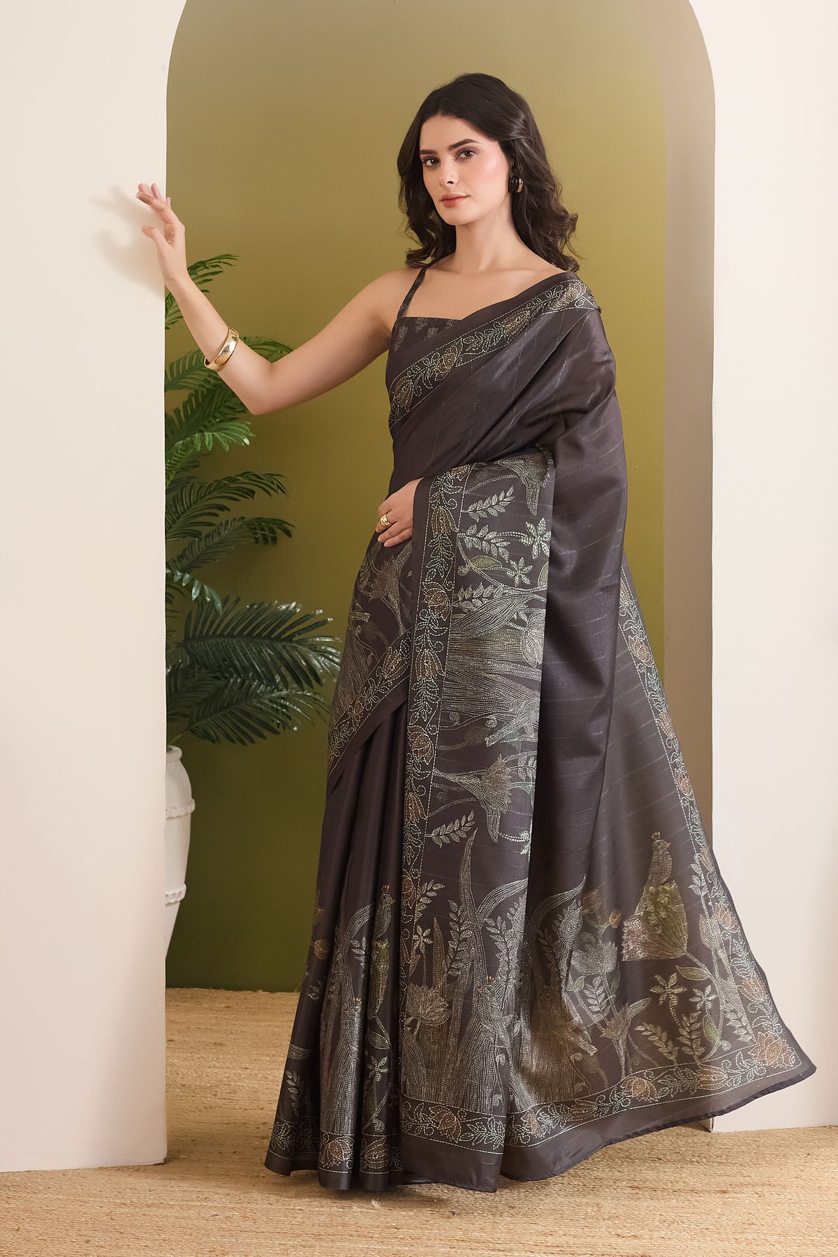 Black Color Floral Printed Art Silk Designer Saree