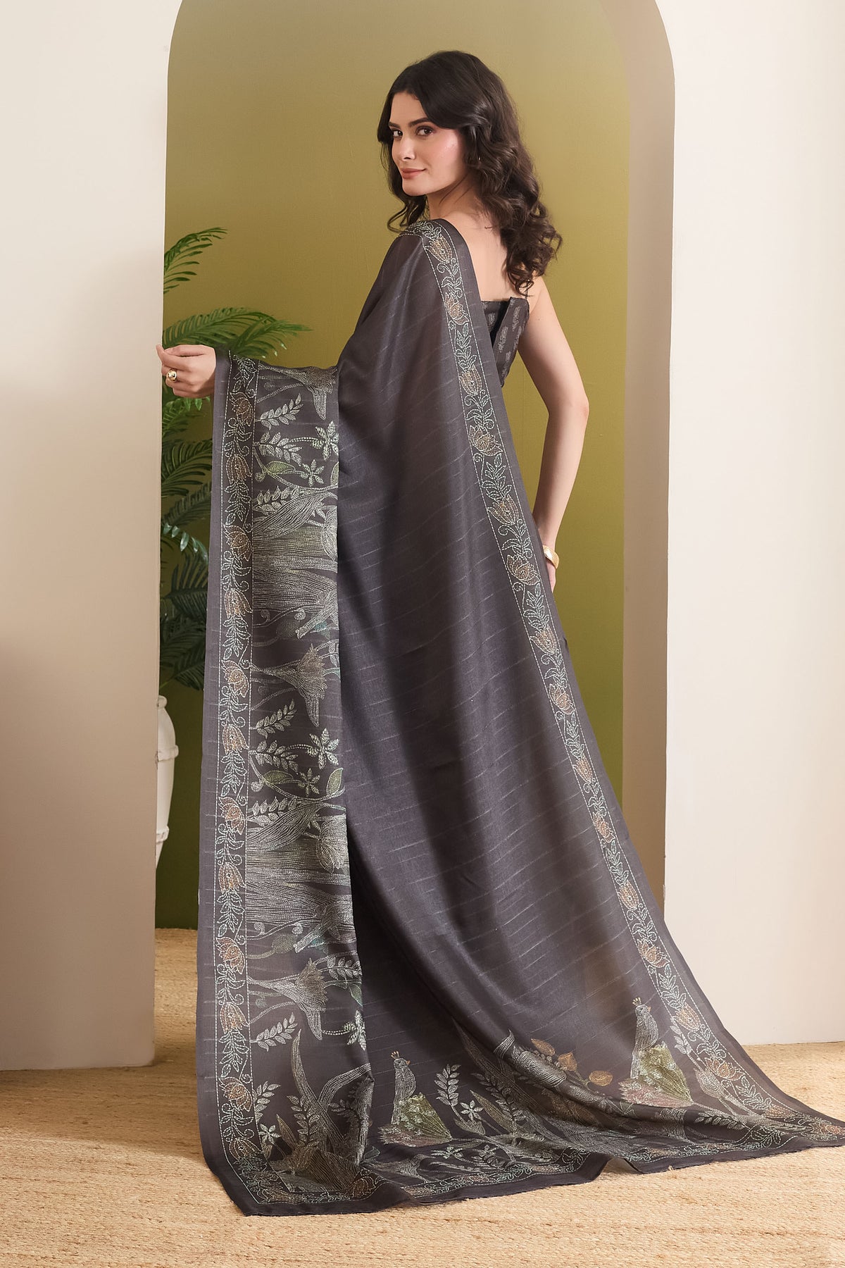 Black Color Floral Printed Art Silk Designer Saree