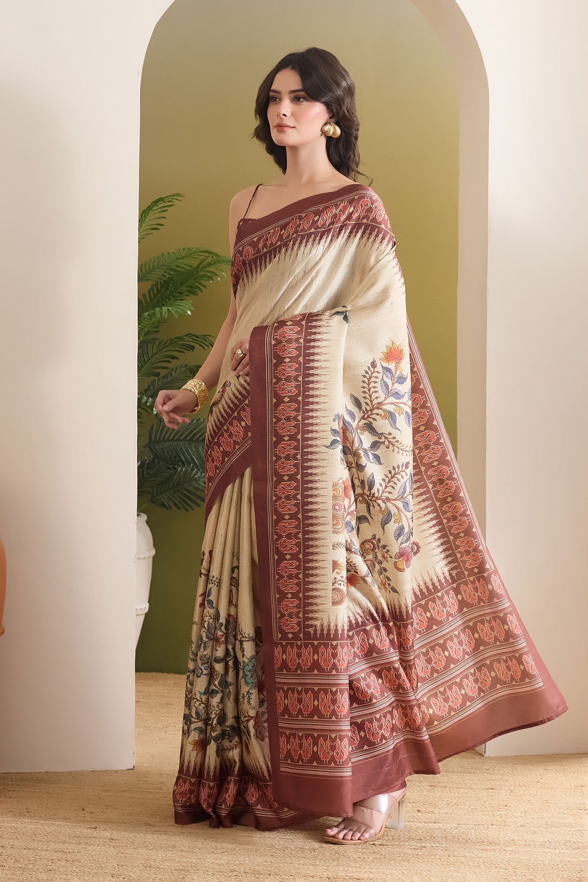 Cream Floral Printed Silk Blend Party Wear Saree
