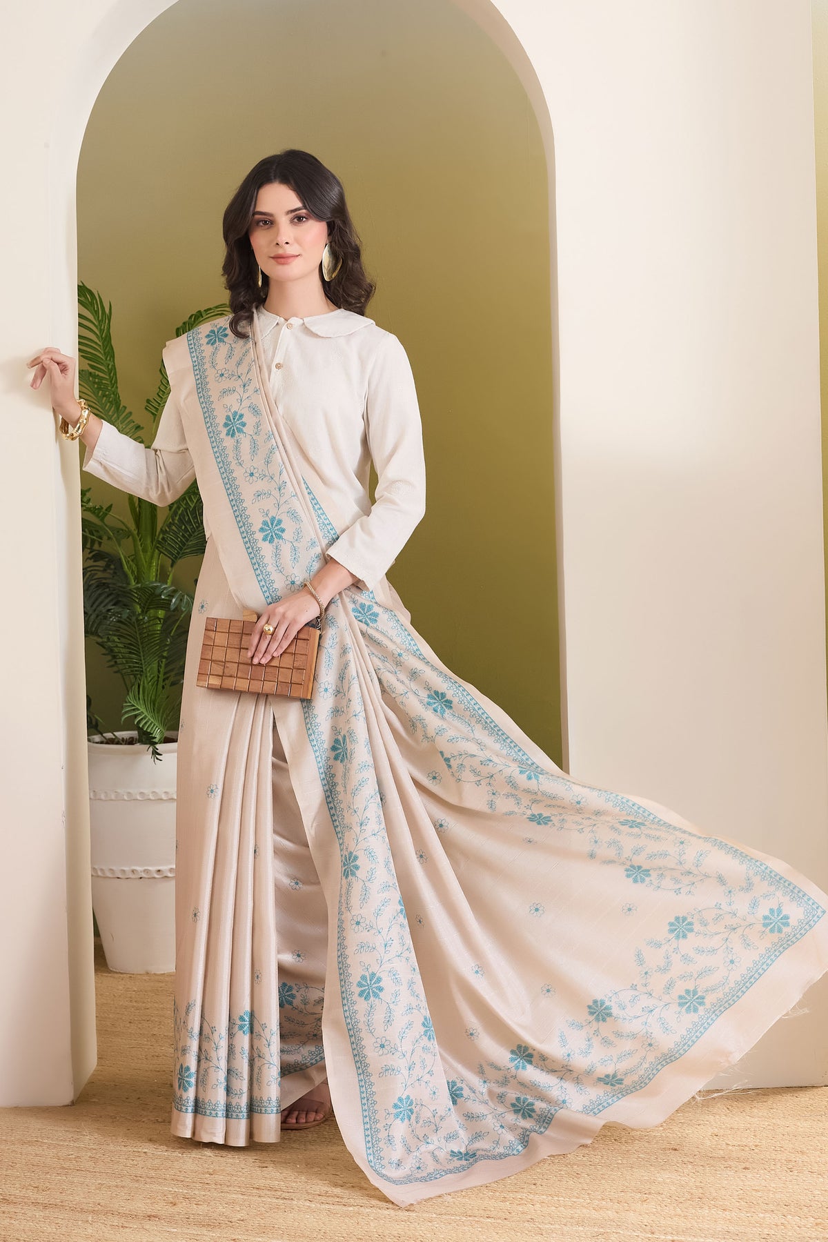 Beige Floral Printed Silk Blend Party Wear Saree