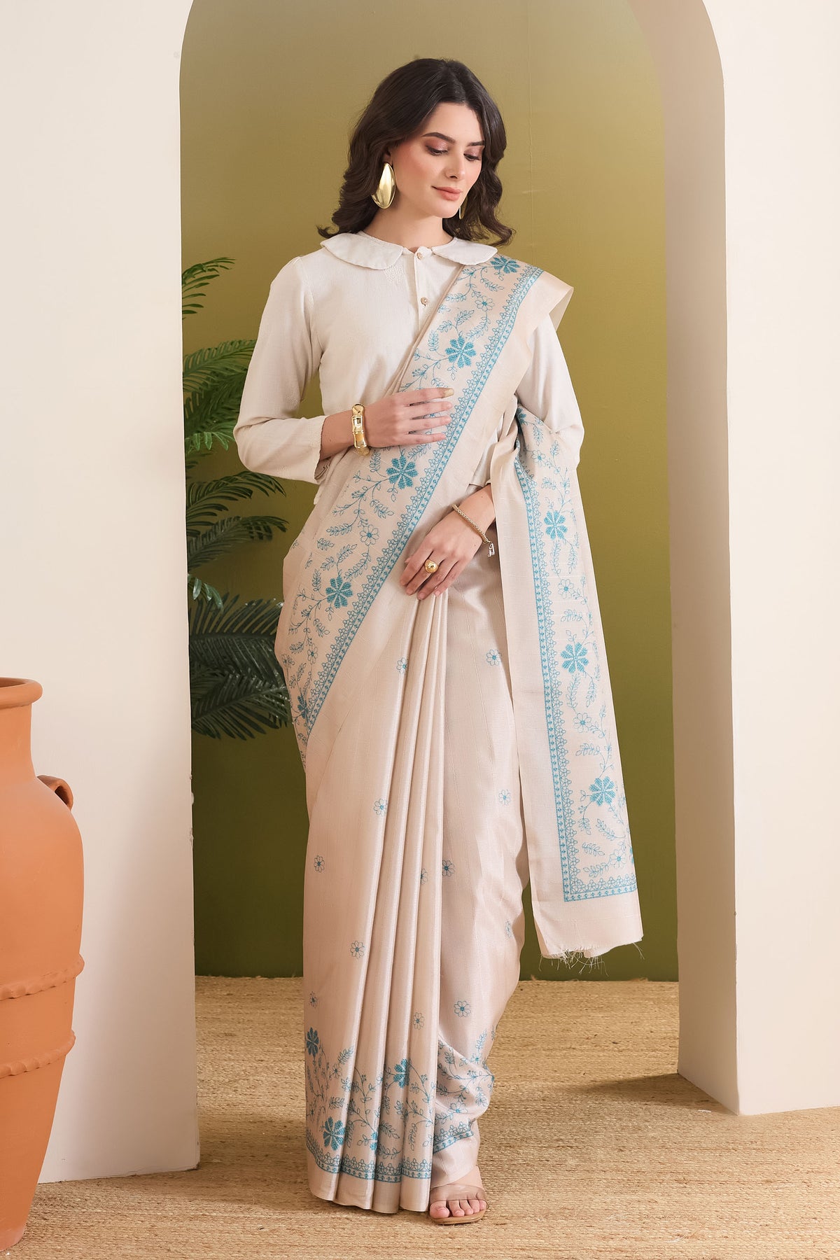 Beige Floral Printed Silk Blend Party Wear Saree