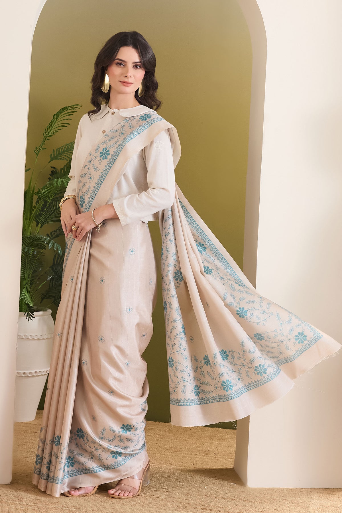 Beige Floral Printed Silk Blend Party Wear Saree