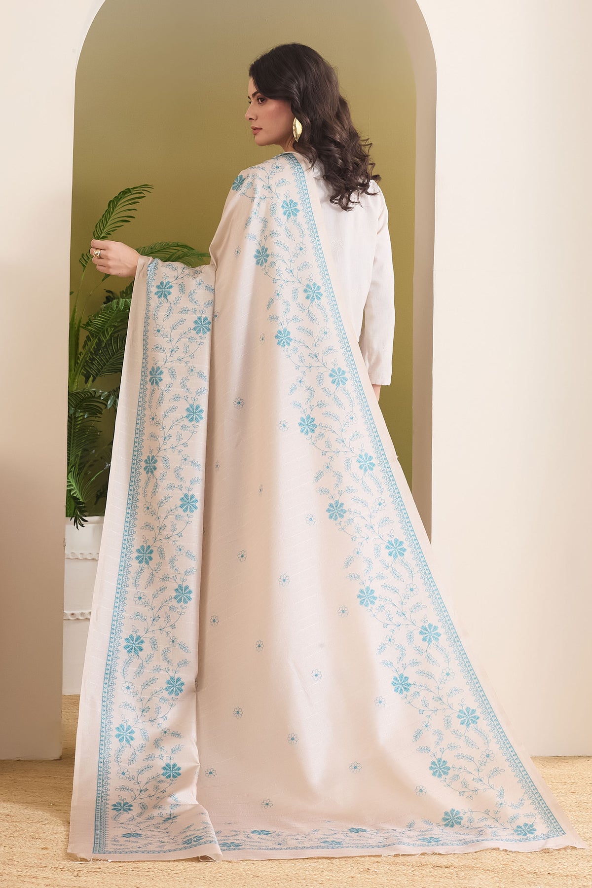 Beige Floral Printed Silk Blend Party Wear Saree