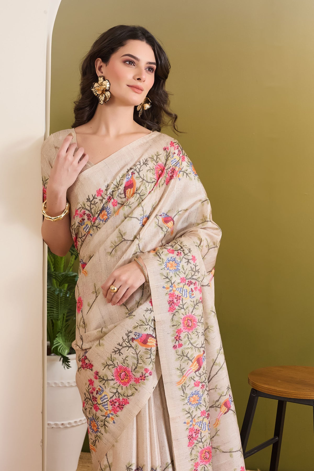 Cream Floral Printed Silk Blend Designer Saree