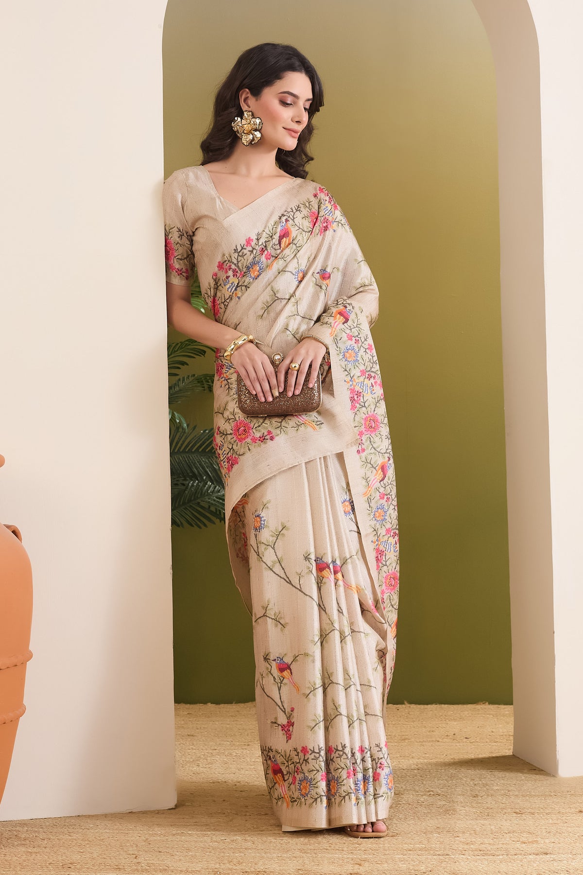 Cream Floral Printed Silk Blend Designer Saree