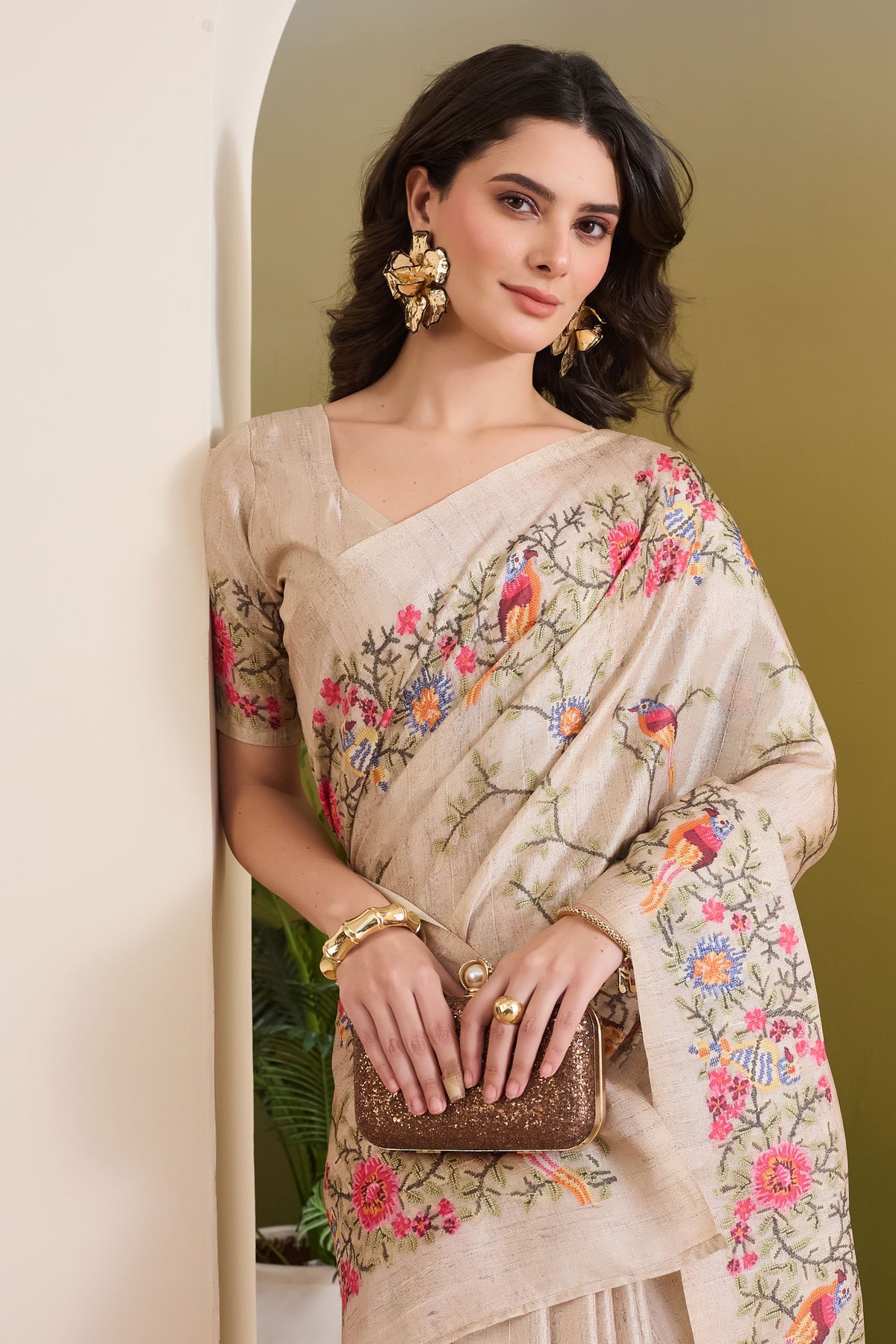 Cream Floral Printed Silk Blend Designer Saree