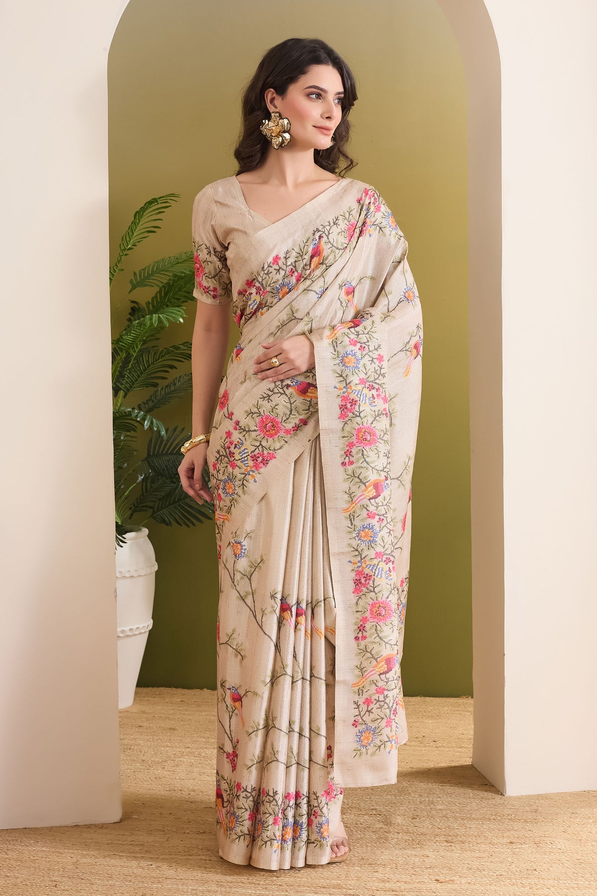 Cream Floral Printed Silk Blend Designer Saree