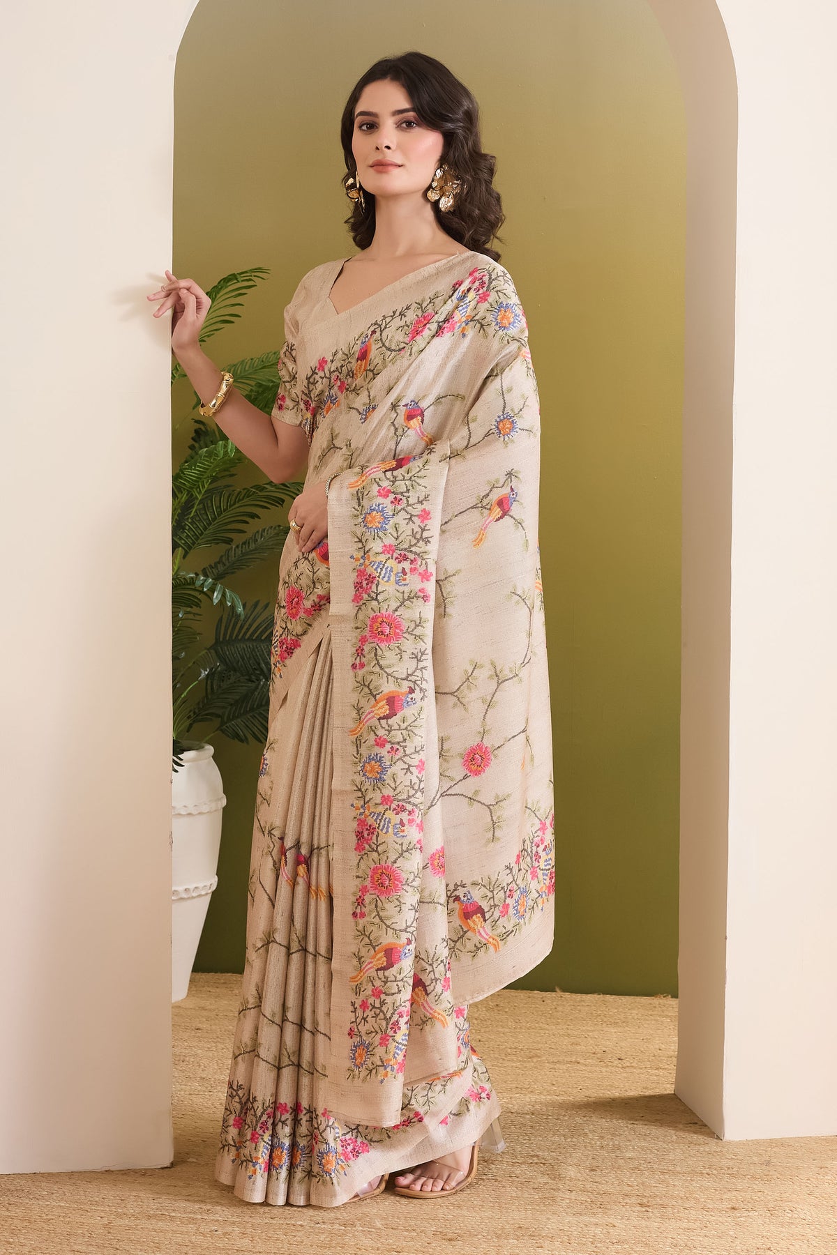 Cream Floral Printed Silk Blend Designer Saree