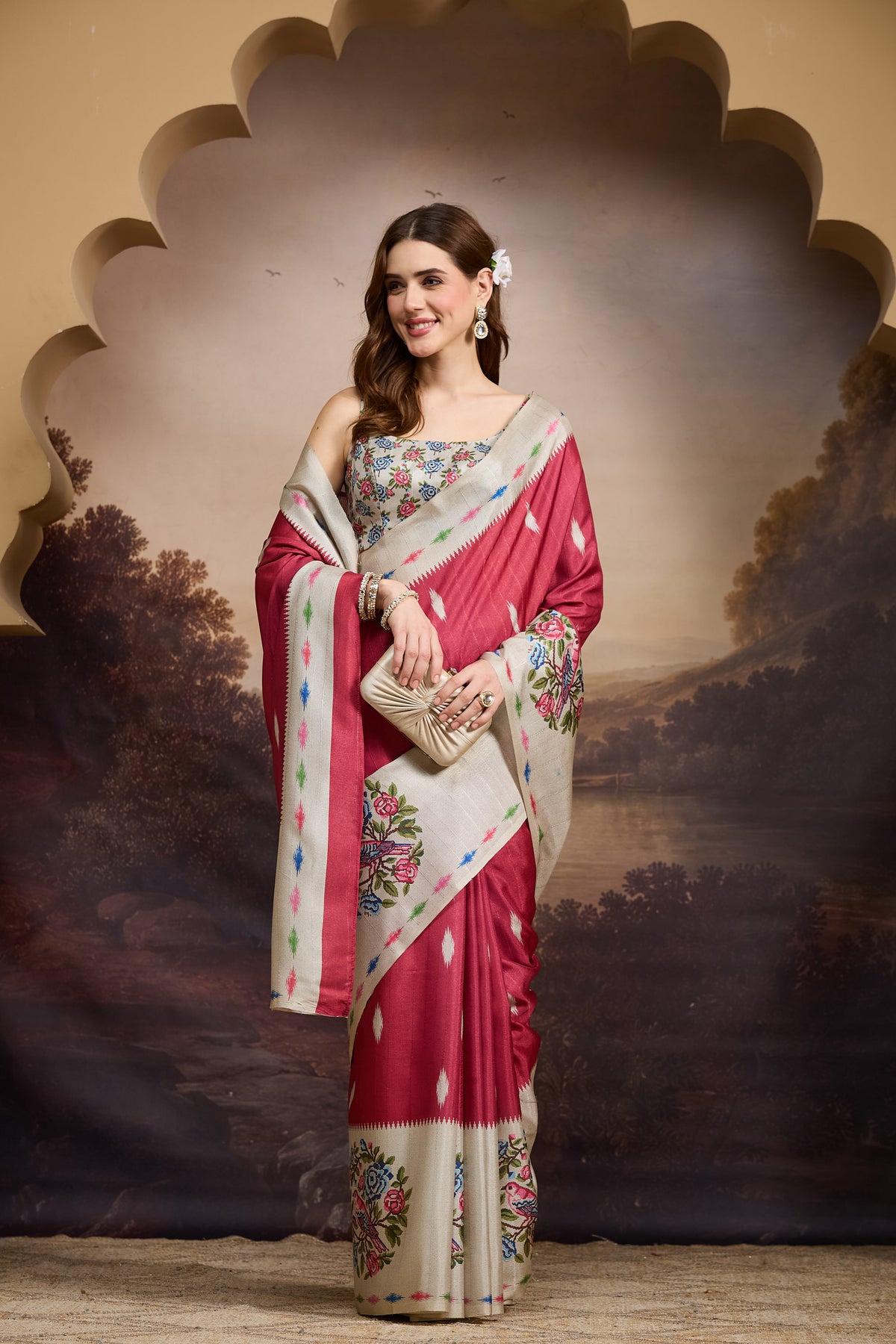 Red Abstract Printed Silk Blend Designer Saree