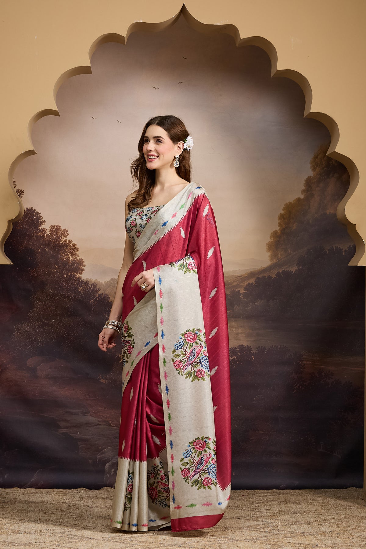 Red Abstract Printed Silk Blend Designer Saree