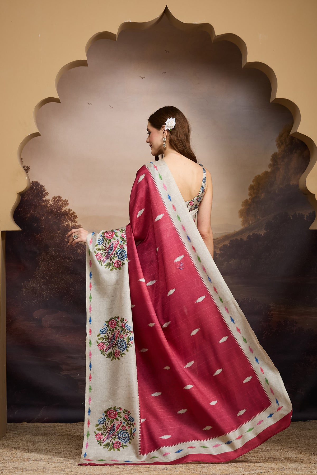 Red Abstract Printed Silk Blend Designer Saree