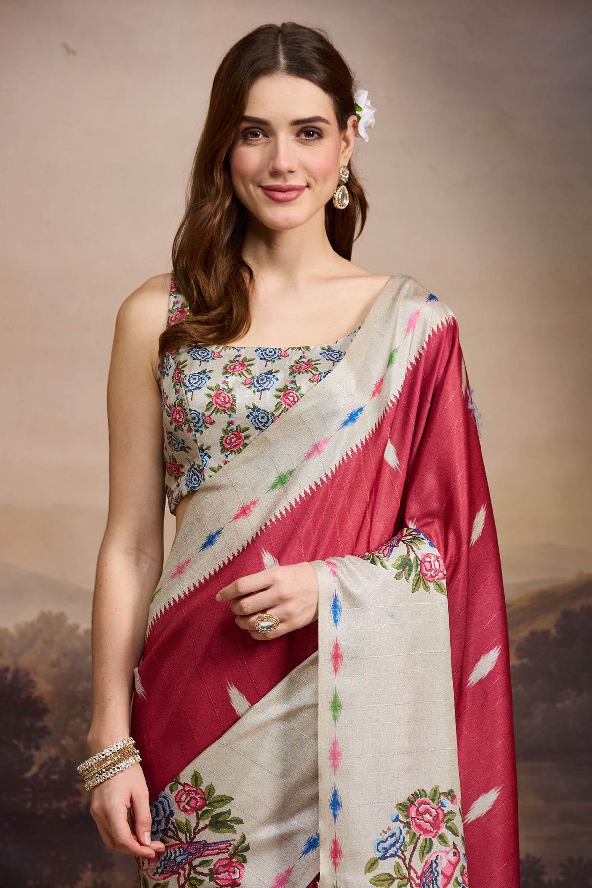 Red Abstract Printed Silk Blend Designer Saree