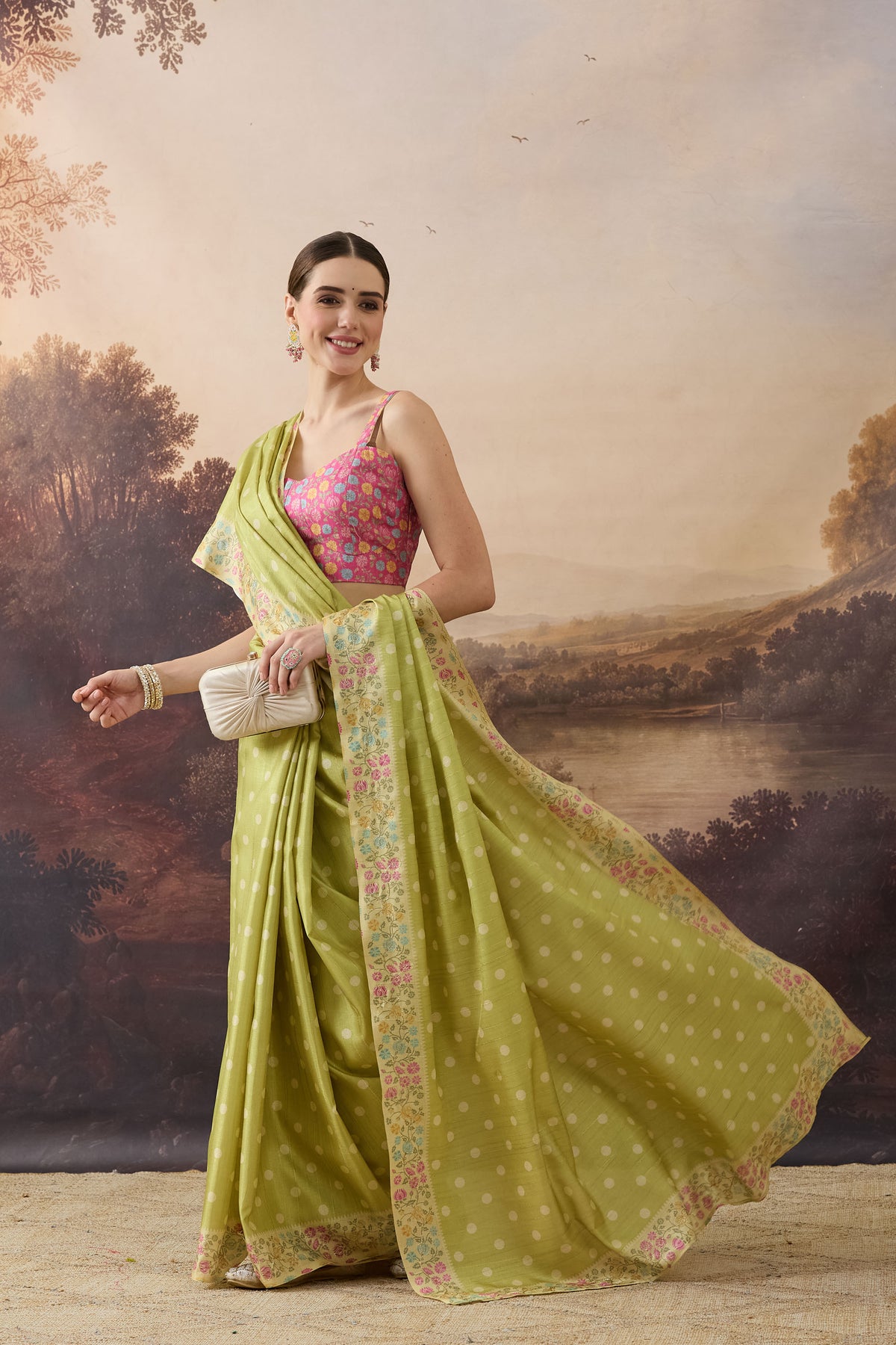 Lime Green Polka Dot Embroidered Art Silk Ready to Wear Saree