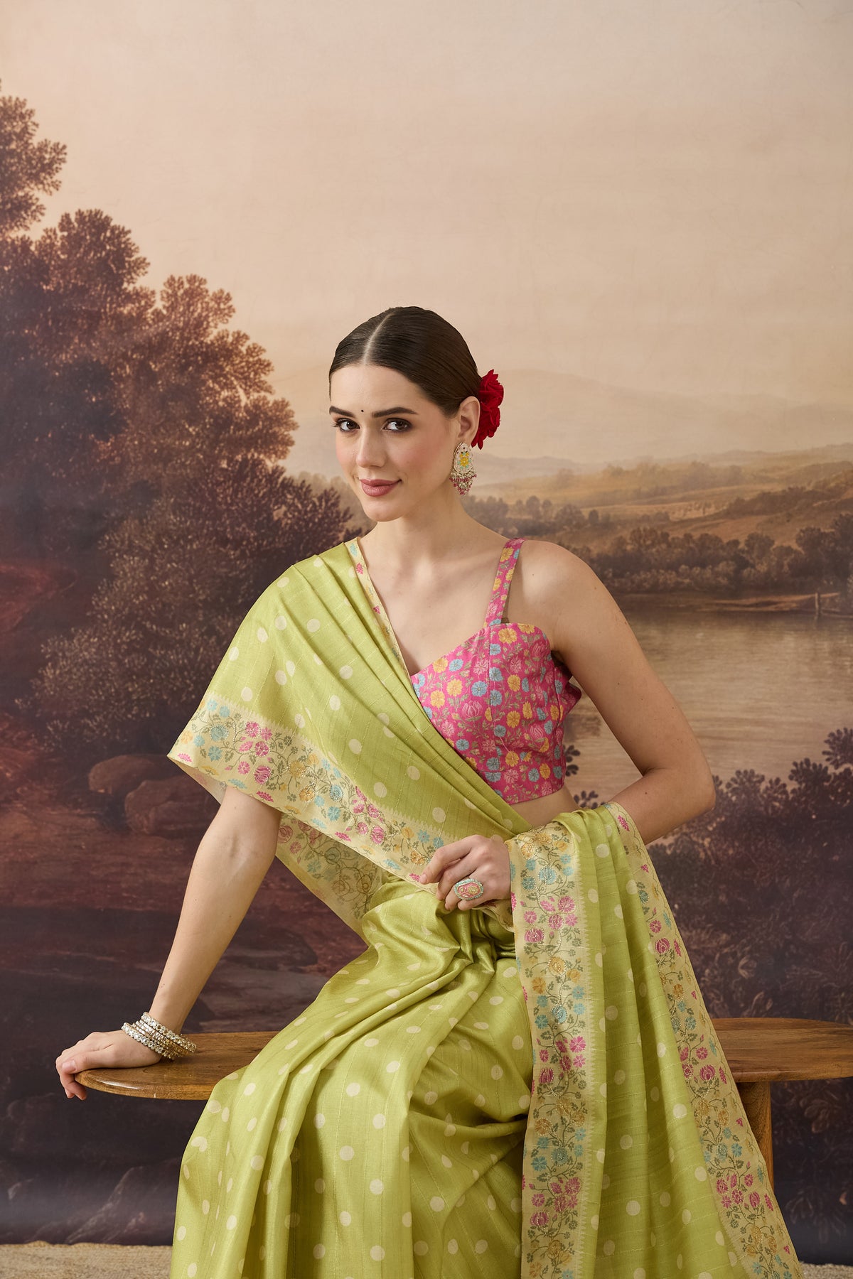 Lime Green Polka Dot Embroidered Art Silk Ready to Wear Saree