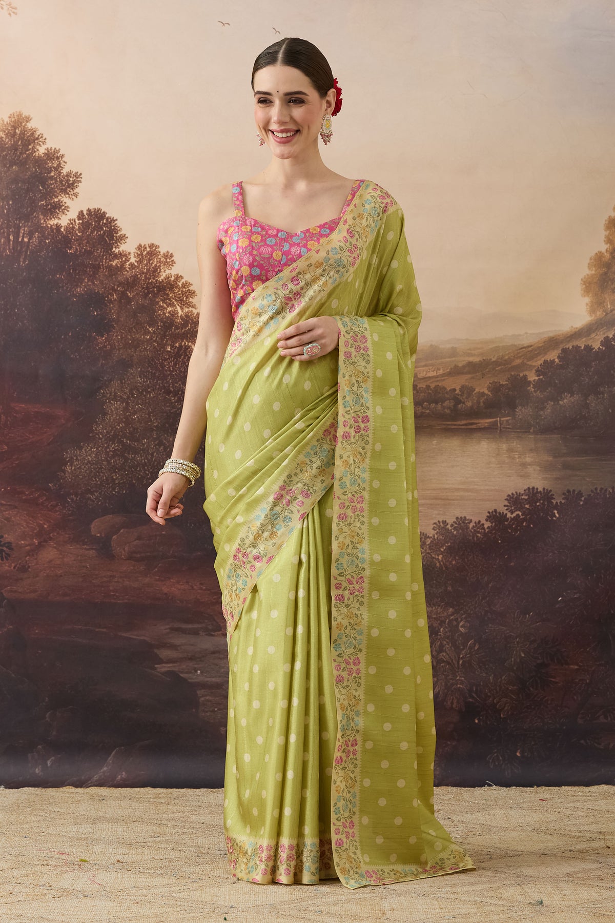 Lime Green Polka Dot Embroidered Art Silk Ready to Wear Saree