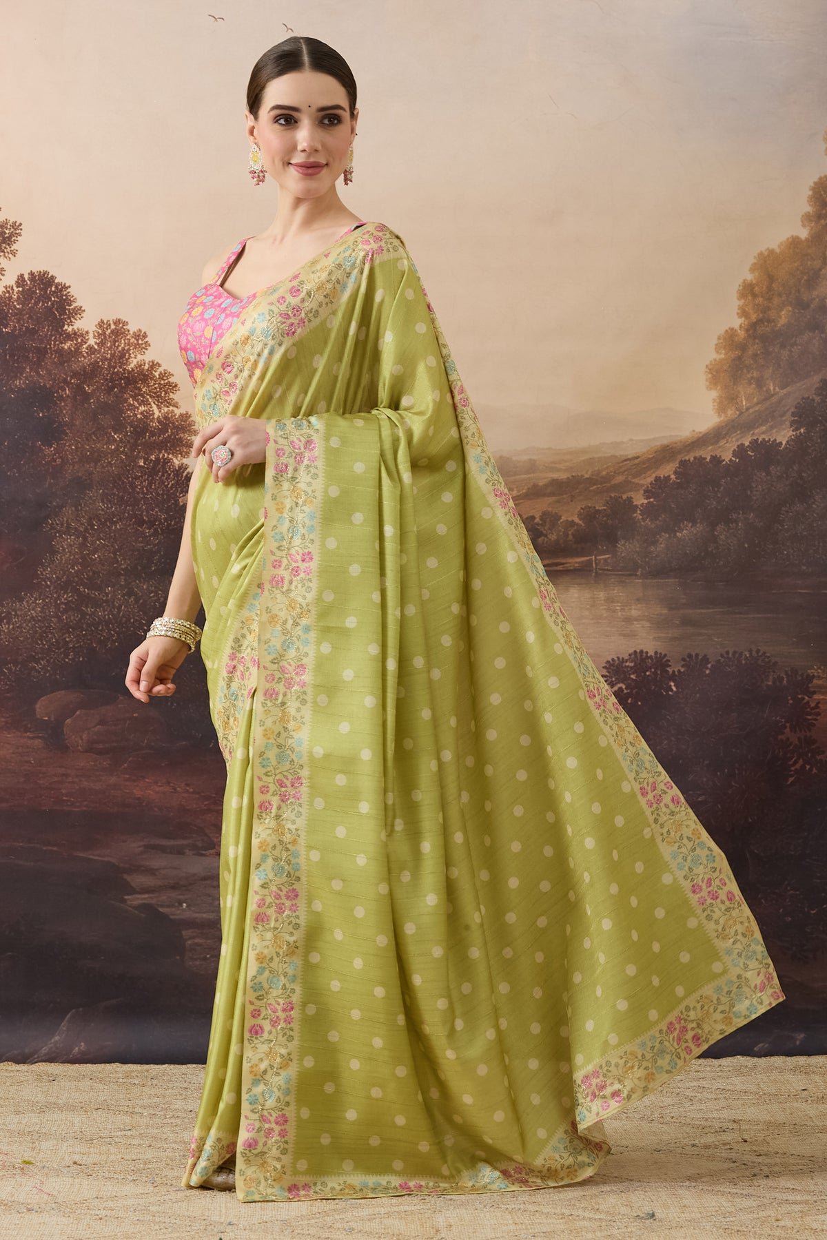 Lime Green Polka Dot Embroidered Art Silk Ready to Wear Saree