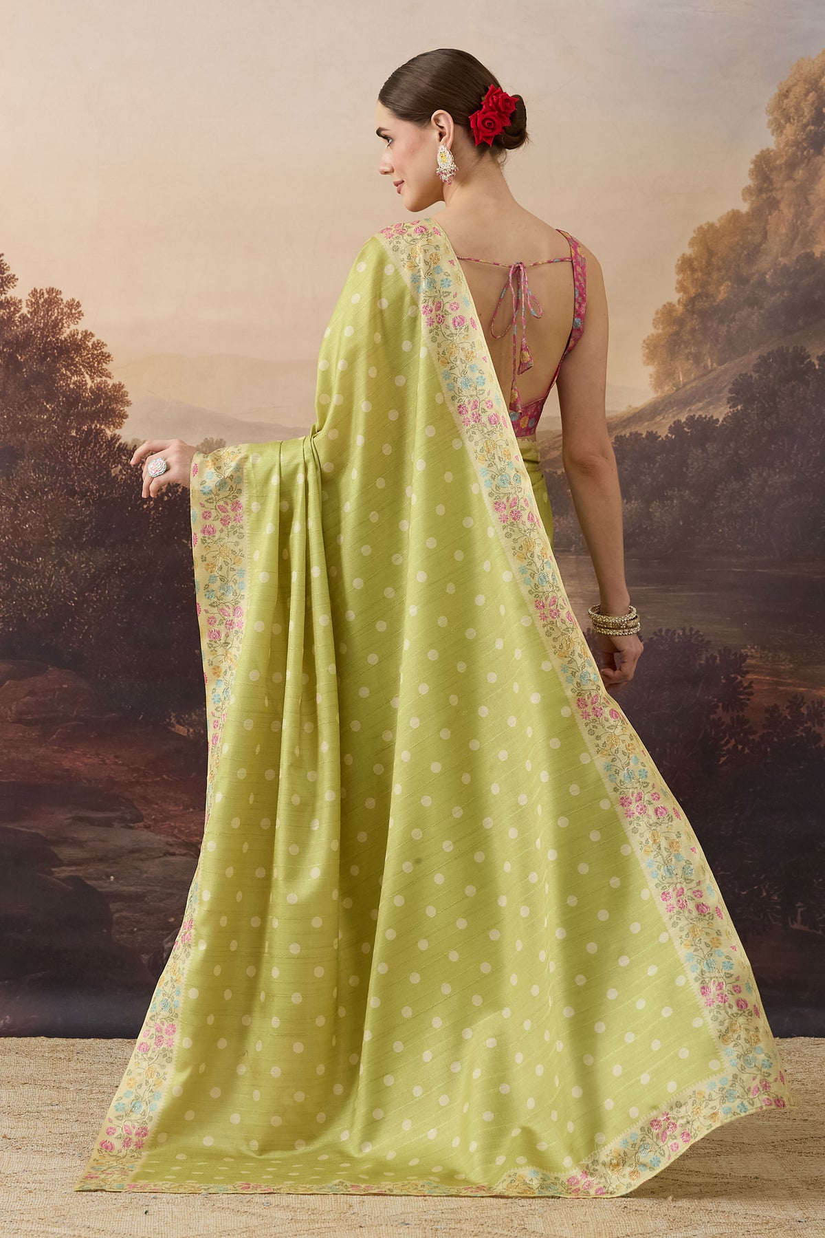 Lime Green Polka Dot Embroidered Art Silk Ready to Wear Saree