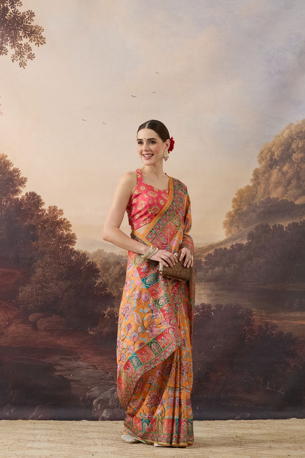 Orange Floral Printed Organza Party Wear Saree