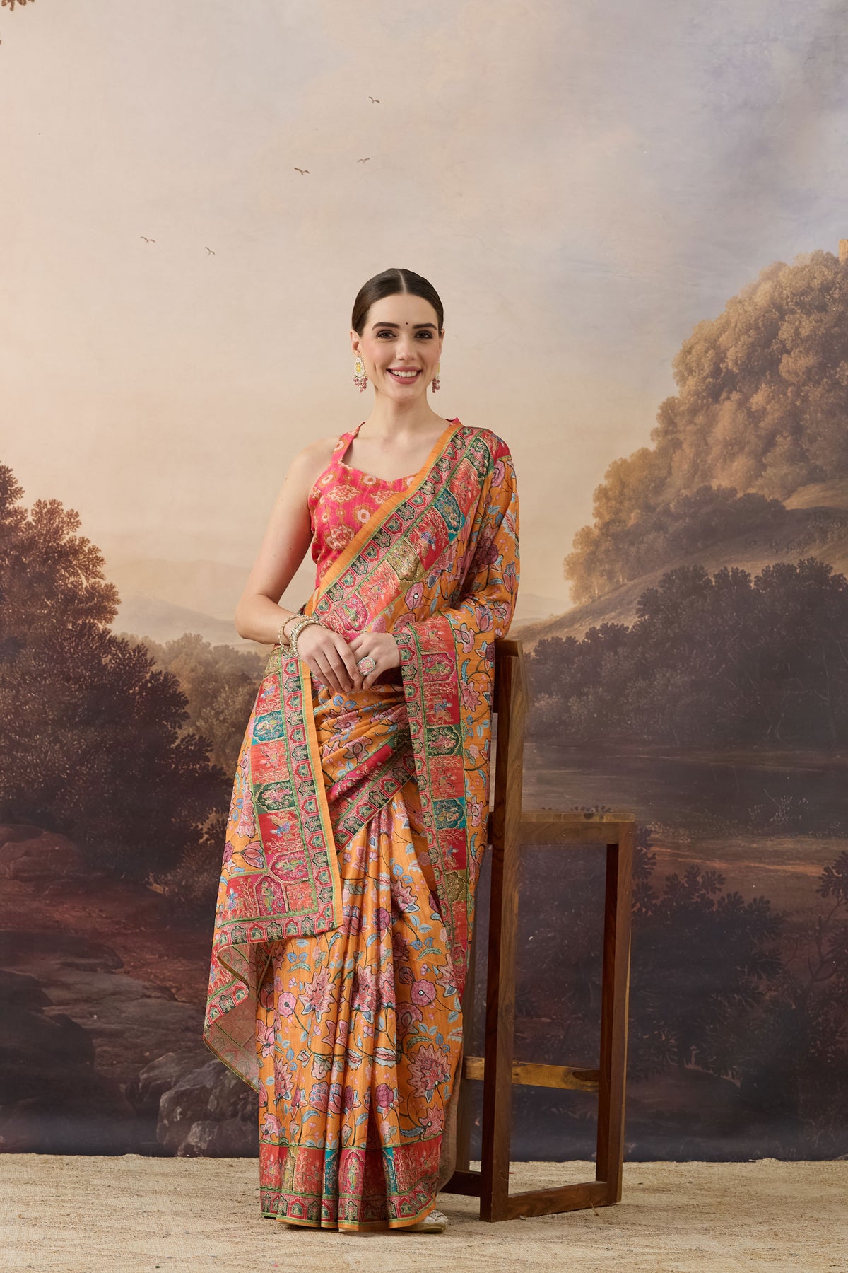 Orange Floral Printed Organza Party Wear Saree