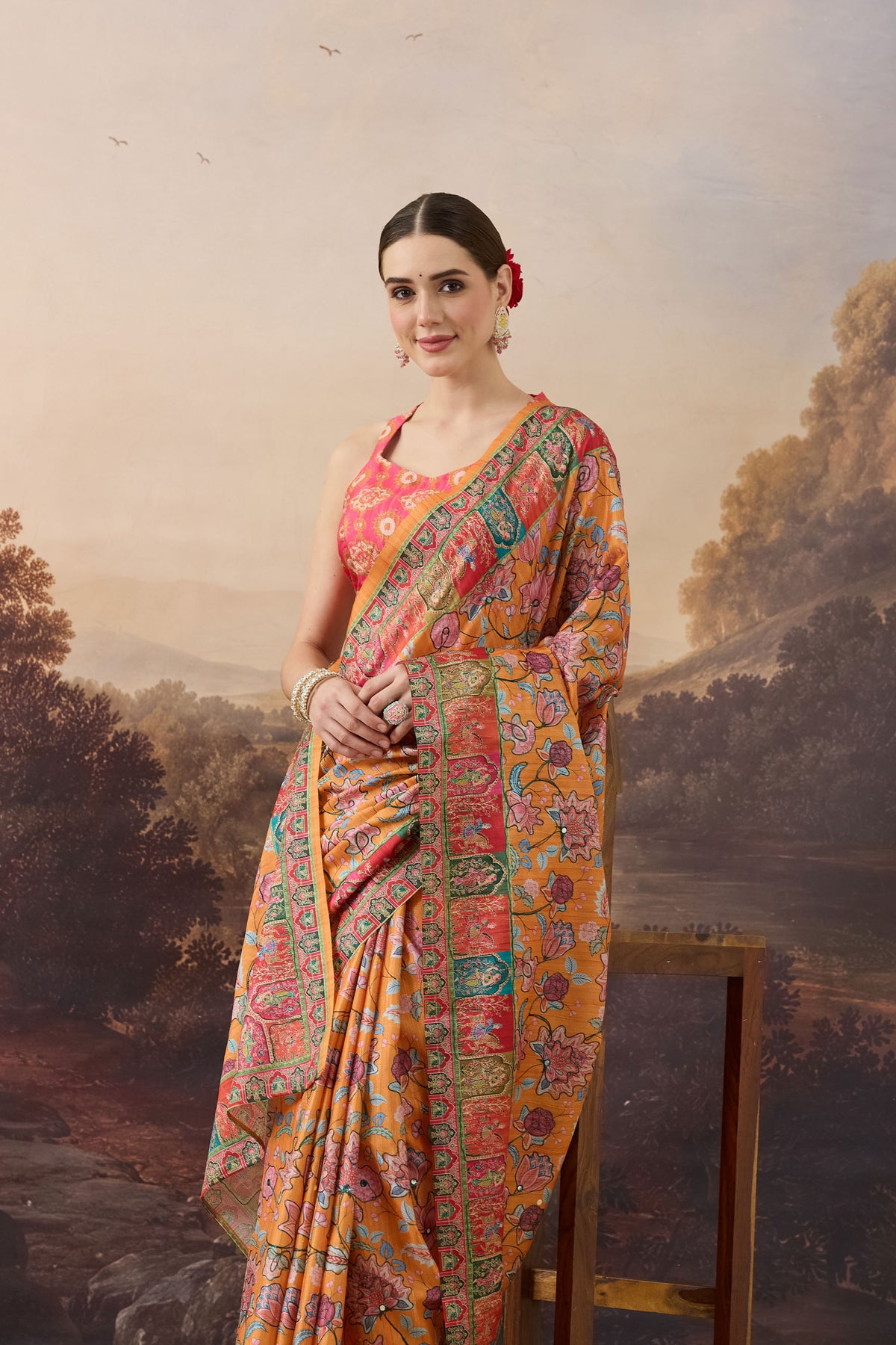 Orange Floral Printed Organza Party Wear Saree