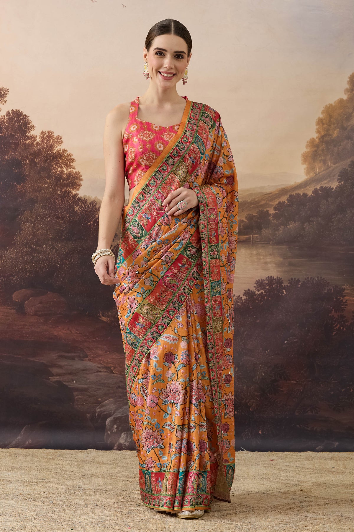 Orange Floral Printed Organza Party Wear Saree
