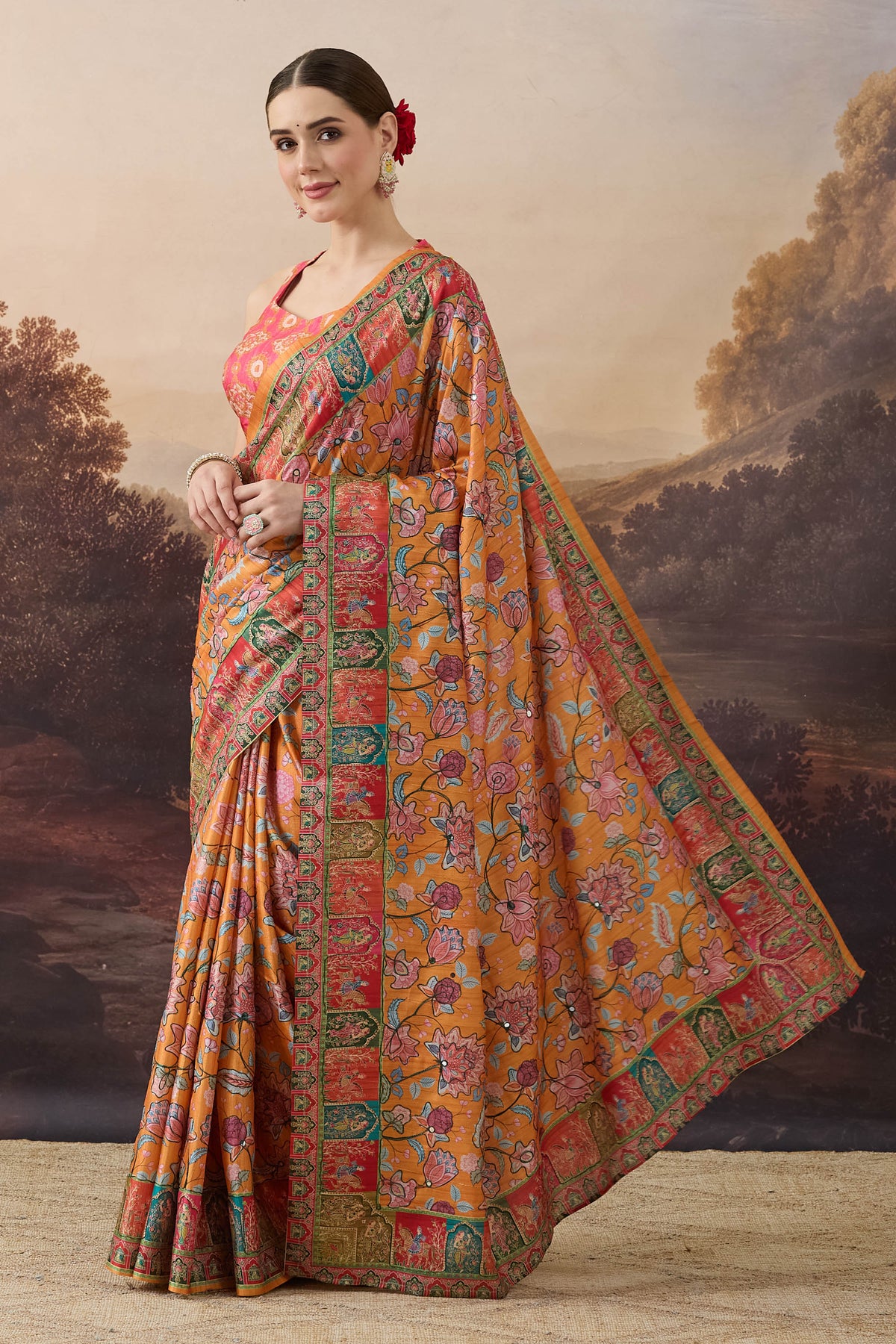 Orange Floral Printed Organza Party Wear Saree