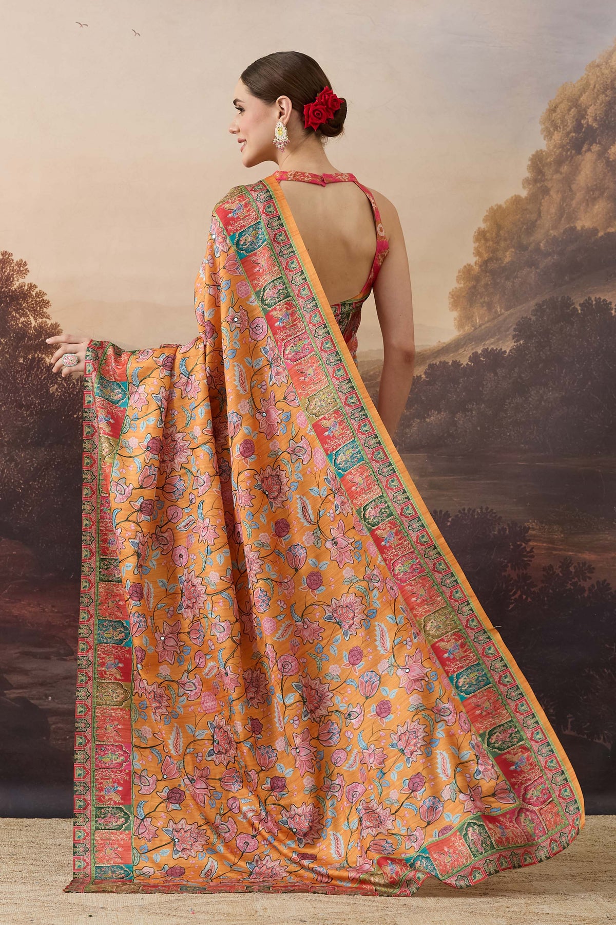 Orange Floral Printed Organza Party Wear Saree
