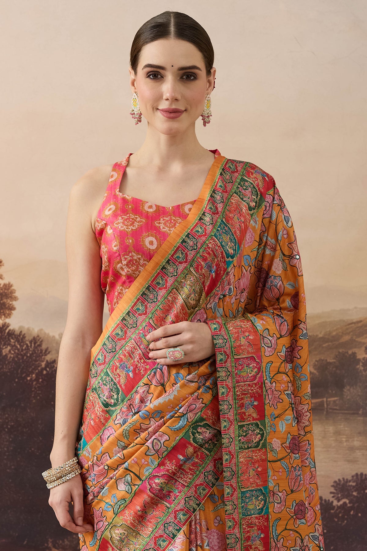 Orange Floral Printed Organza Party Wear Saree