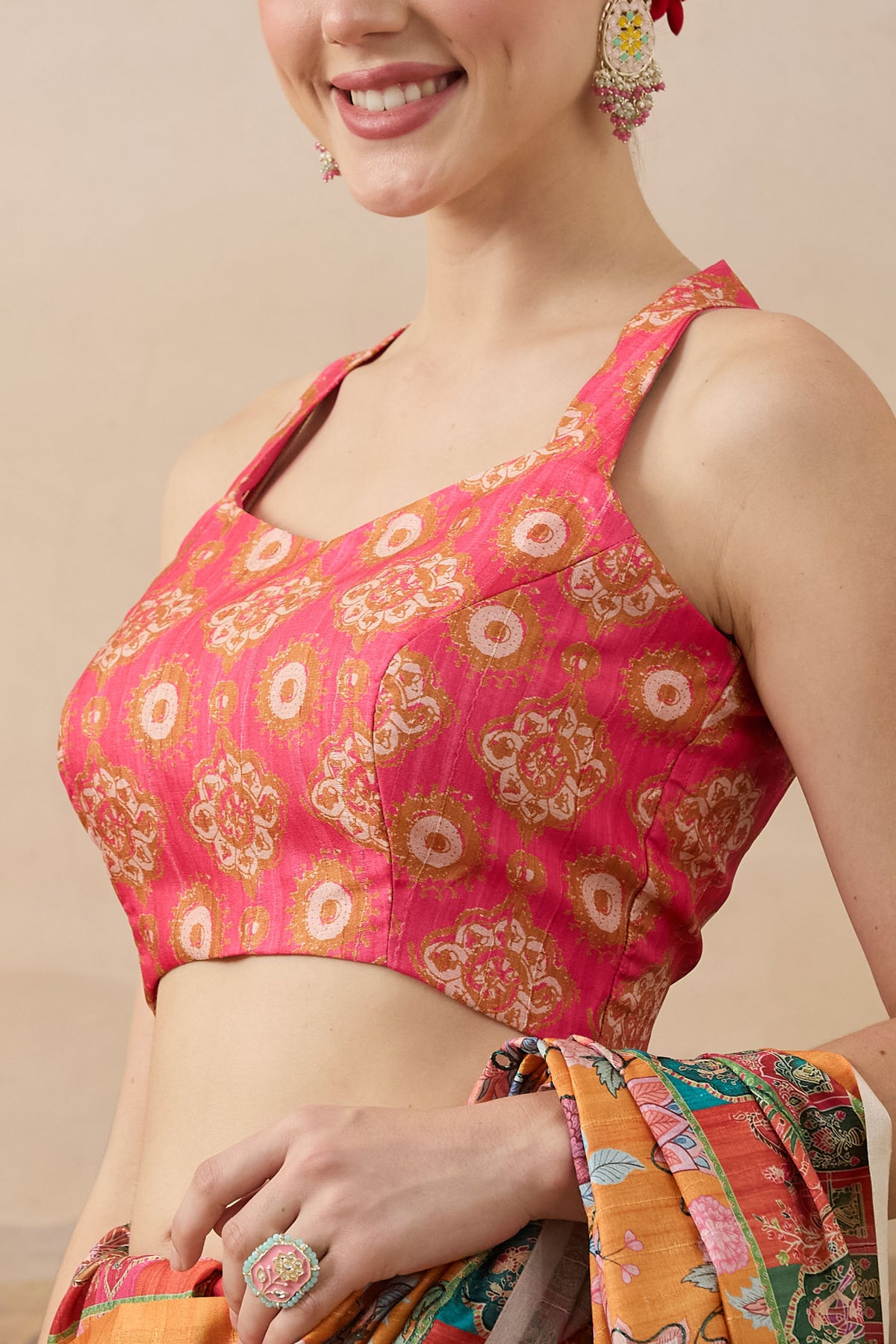 Orange Floral Printed Organza Party Wear Saree