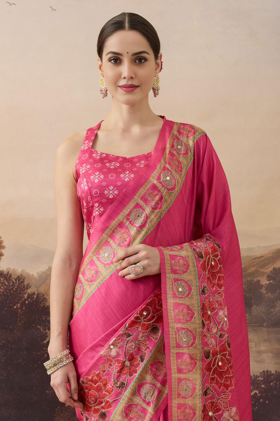 Red Floral Embroidered Art Silk Ready to Wear Saree